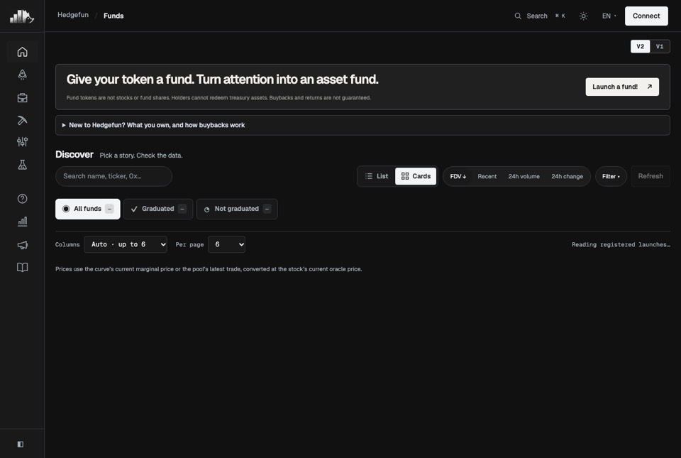 hedgefun.trade: the list of funds, sorted by FDV or 24h volume, filtered by graduated or not